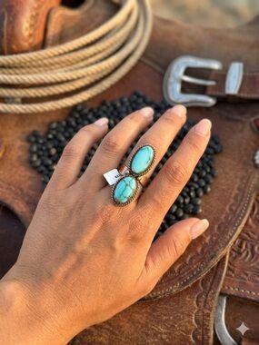 NWT Lone Mountain Turquoise Copper Double Stone Adjustable Ring